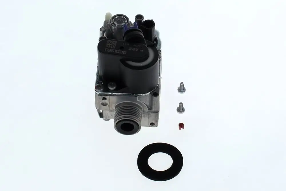 BOSCH Gasarmatur in metallischer Ausführung, mit einem montagemittigen Anschluss und zwei Schrauben sowie einer Dichtung in schwarzer Farbe neben dem Gerät.